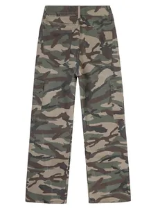 Detailed back view of camouflage cargo pants showing the pocket layout and camo pattern.