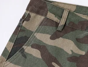 Close-up of camouflage cargo pants waistband showing durable twill fabric texture.