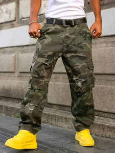 Men's camouflage cargo pants with loose fit and distressed rip details
