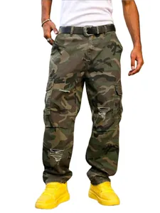 Men's loose camouflage cargo pants with distressed ripped details and multi-pockets