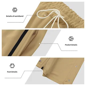 Detailopnames van de tailleband, zak en zoom van de kaki broek met drukknoopjes