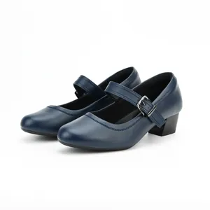 Side view of navy blue vintage Mary Jane shoes with block heels and buckled straps.