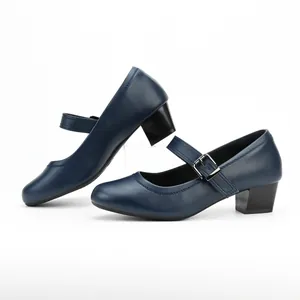 Detailed side view of navy blue retro Mary Jane shoes with thick heels and round toe design