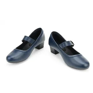 Side view of navy blue Mary Jane shoes with adjustable buckle and chunky mid-heel