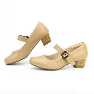 Elegant beige retro Mary Jane shoes featuring a round toe and block heel on white background