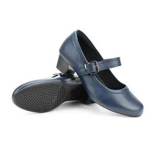 Navy blue retro Mary Jane shoes with round toe and chunky mid heel for women