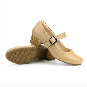 Beige vintage Mary Jane shoes featuring a round toe, chunky mid-heel and buckle strap