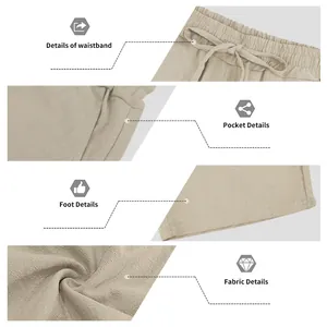 Close-up views of linen shorts showing waistband, pockets, hem, and fabric texture