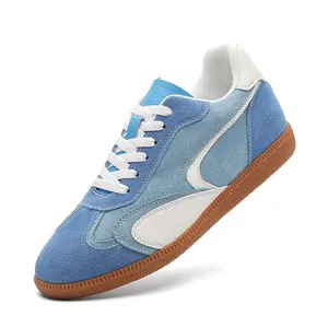Blue retro patchwork sneakers with 5cm hidden wedge and durable gum rubber sole