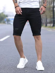 Men's Ripped Denim Shorts Distressed Raw Hem Bleached Washed American Streetwear Summer Casual Cotton Blend Bottoms