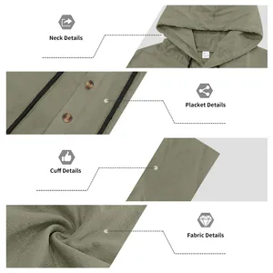 Close-up of linen hoodie details: neck, placket, cuff, and fabric texture.