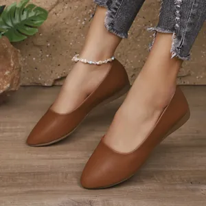 Primo piano di scarpe basse marroni in pelle a punta con texture morbida ed elegante