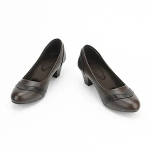 Classic brown women's low-heel pumps with textured snakeskin detail and chunky heel.