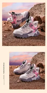 Outdoor lifestyle view of grey and pink children's fleece-lined winter sneakers