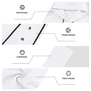 Detailed macro views of linen hooded Henley shirt neck, placket, cuff and fabric texture.