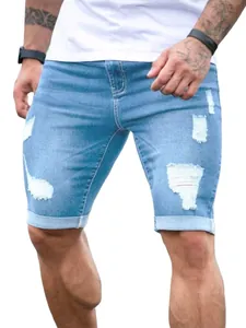 Stylish men's light blue slim fit ripped denim shorts with distressed detail and cuffed hem
