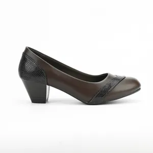Elegant brown low heel pumps featuring snakeskin texture accents and comfortable chunky heels