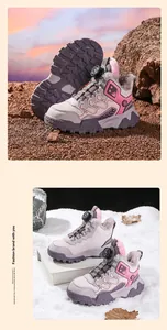 Detailed view of children's winter snow boots featuring a rotary buckle and fur lining