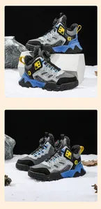 Side view of boy's winter sneakers with thick fur lining and blue accent