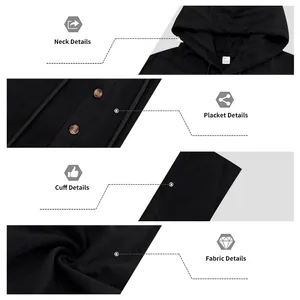 Close-up views of black linen henley hoodie neck, placket, cuff details and fabric texture