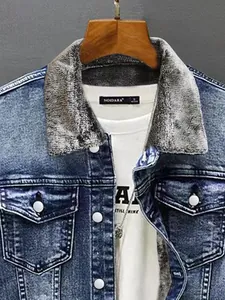 Detailed view of men's warm fleece-lined denim jacket with a soft grey fur collar
