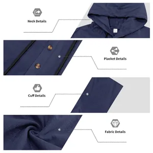 Detailed macro views of men's linen hooded shirt fabric, neck, placket and cuffs.