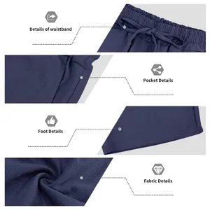 Detailed close-ups of navy blue linen shorts featuring elastic waistband and fabric texture.
