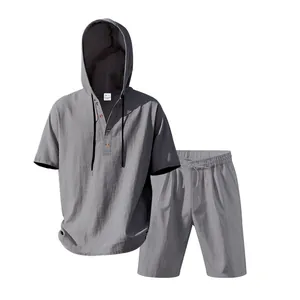 Completo uomo 2 pezzi in lino grigio con maglia Henley con cappuccio e pantaloncini
