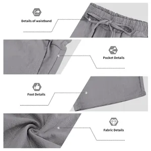 Detailed macro views of grey linen shorts fabric, waistband, pocket, and hem.