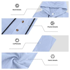 Detailed view of breathable light blue linen men's hooded shirt fabric and buttons