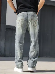 Back view of men's loose straight jeans featuring sparkling rhinestone embellishments