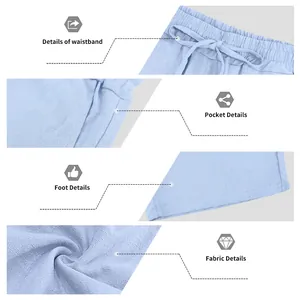 Close-up of light blue linen shorts showing waistband, pocket, and fabric details.