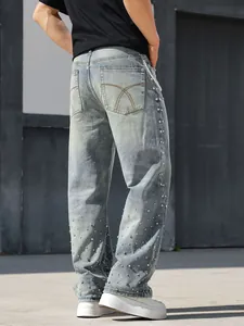 Back view of men's loose straight jeans featuring sparkling rhinestone embellishments