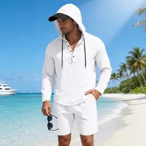 White linen two-piece set with hooded Henley shirt and shorts for men on beach scene