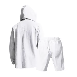 Detailed back view of a minimalist white breathable linen hooded top and shorts set