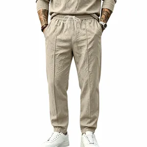 Men's cotton linen casual trousers with drawstring waist and decorative seams