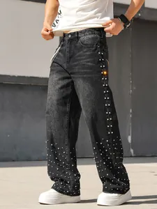 Men's Hip Hop Loose Straight Rhinestone Inlaid Jeans Washed Denim Streetwear Baggy Pants With Waist Chain