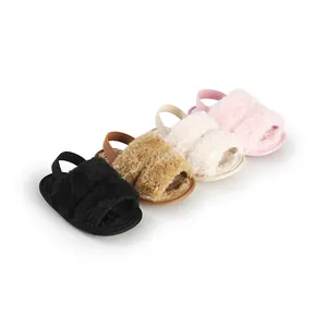 Infant Baby Plush Sandals Elastic Back Strap Soft Sole Anti-Slip Indoor Slippers Casual Faux Fur Shoes For Boys Girls