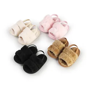Soft fuzzy baby slippers with elastic back straps in four colors for cozy home comfort
