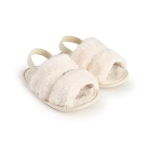 Comfortable soft fuzzy plush baby slippers with elastic back strap in cream color