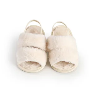 Cozy cream fuzzy plush slippers with elastic backstrap for toddler home indoor comfort