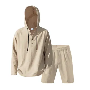 Detailed view of men's casual linen set with Henley hooded shirt and matching shorts.