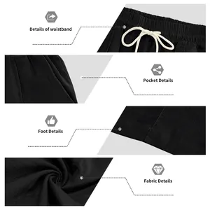Detailed views of black cotton-linen drawstring pants, waistband and fabric texture