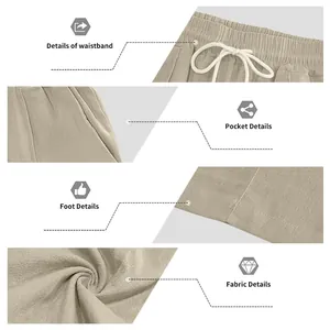 Close-up details of cotton linen trousers showing waistband, pockets, and fabric texture.
