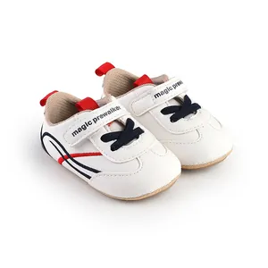 Close-up of baby prewalker shoes with soft anti-slip soles and velcro straps