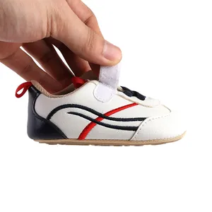 Detail of soft-soled baby pre-walker shoe with Velcro strap for easy wear