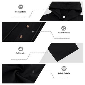 Detailed macro shots of black linen hooded shirt neck, placket, cuff and fabric texture