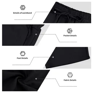 Detailed close-ups of men's black linen shorts showing waistband, pocket, and fabric.