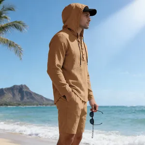 Men's breathable linen two-piece set with long-sleeve hoodie and matching shorts