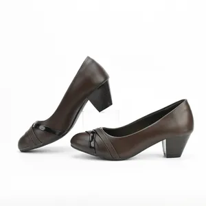 Elegant professional dark brown mid-heel pumps with a stylish glossy strap detail